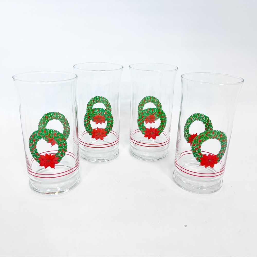 Libby Christmas Glasses Poinsettia Wreath With Holly Berries & Bow 4 Vintage